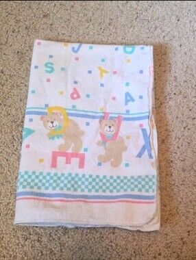 Vintage Riegel Baby Blanket Pastel Polka Blocks ABC Bears 25"x34" Cotton 90s